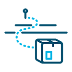 Icon for freight forwarding depicting a simple abstract design of a box moving from one point to another.