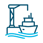 Icon symbolizing International Shipping services depicting a simplified boat and crane illustration.