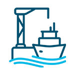 Icon symbolizing International Shipping services depicting a simplified boat and crane illustration.