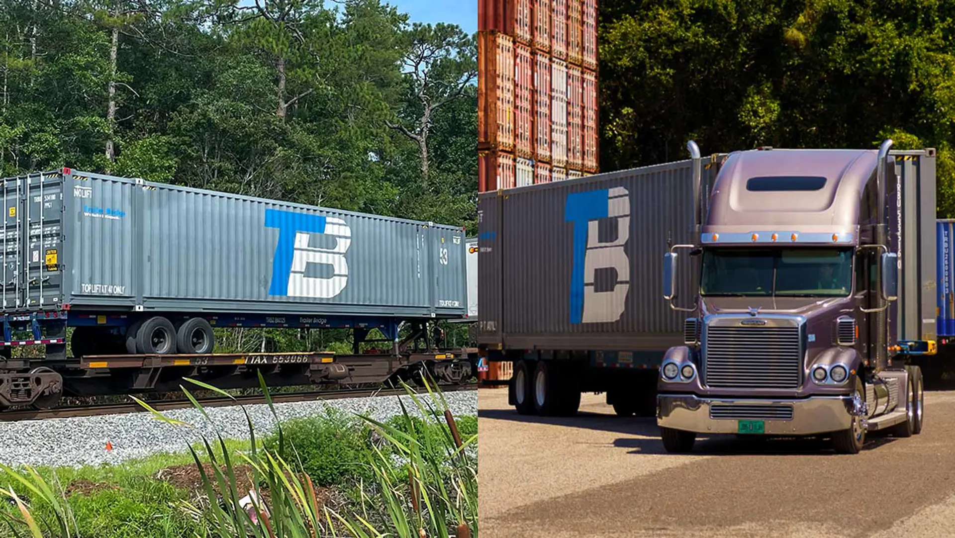 Collage of a Trailer Bridge-branded shipping container on a train and the same on a truck.