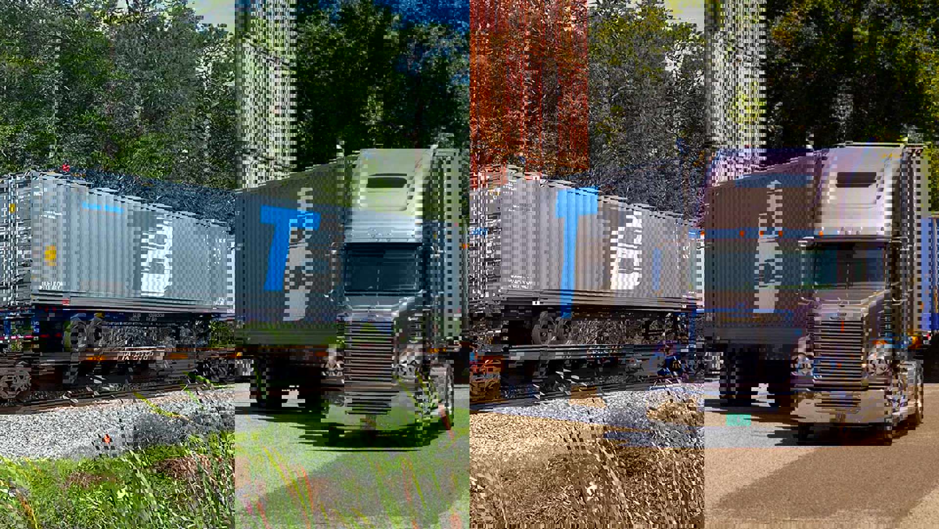 Collage of a Trailer Bridge-branded shipping container on a train and the same on a truck.