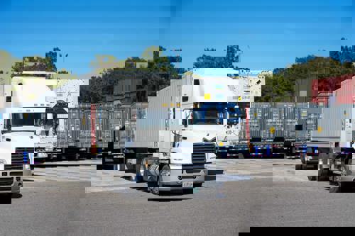 A semi-truck sits in a lot full of other trucks, including one visible reefer trailer.