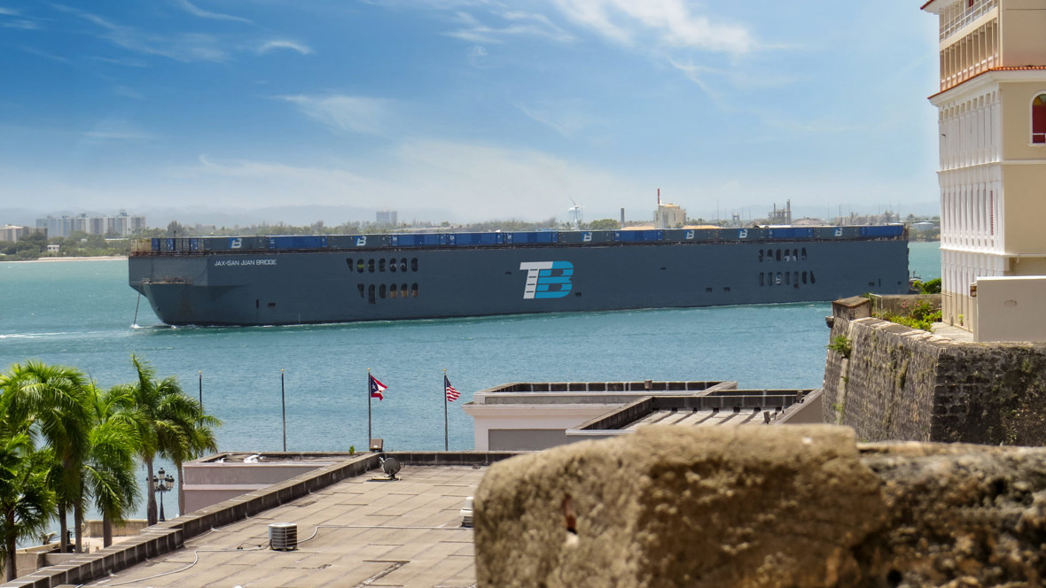Trailer Bridge RORO Barge Sailing into San Juan, Puerto Rico