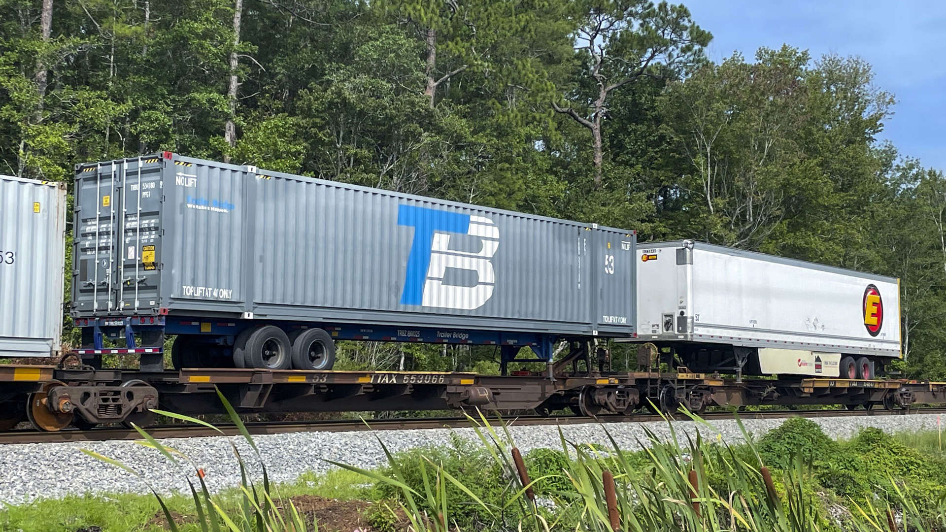 A Trailer Bridge container on a train.