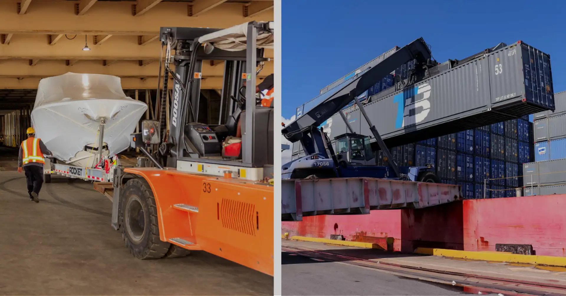 A collage: a truck hauls a wrapped boat and a crane lifts a shipping container around a stack of shipping containers.