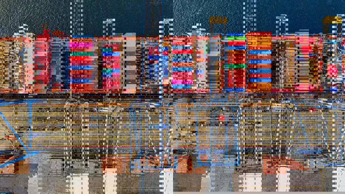 Overhead view of a international shipping vessel
