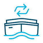 Icon for barge charter services depicting a simplified design of a barge on the ocean.